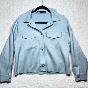 XS Zara Women’s Light Blue Faux Suede Cropped Button Down Shirt Jacket Shacket